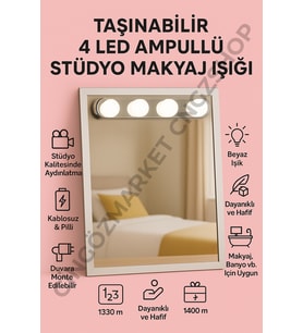 Taşınabilir 4 LED Ampullü Kablosuz Makyaj Işığı, Banyo ve Stüdyo Aydınlatması (Krem)