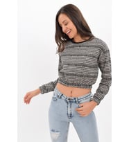 9421769 Jakarlı Desen Beli Ve Kolu Lastikli Uzun Kol Sweat KAZAYAGI-SIYAH (Siyah - Beyaz)