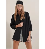 pilelistore- Siyah Oversize Uzun Basic Gömlek 3900