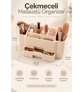 Çok Bölmeli Smart 2 Çekmeceli Masaüstü Organizer, Makyaj ve Kozmetik Düzenleyici