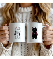 Sevgililere Özel Hediyelik 2'li Kedi Figürlü 330ml Baskılı Beyaz Seramik Kupa Bardak