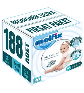 Molfix Premium Bebek Bezi Beden:3 (4-9KG) Midi 188 Adet Ekonomik Ultra Fırsat Pk