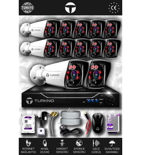 TURKNO 12 Kameralı Karia 12 Dış Kamera Set 250 GB HDD Full HD Gece Görüşlü Güvenlik Kamerası Sistemi
