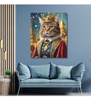 Tekli Dikey Kanvas Duvar Tablosu Kral Kostümlü Tekir Kedi