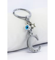 Gümüş Renkli Yıldızlı Nazar Boncuklu Metal C Harfi Anahtarlık / Harfli Çanta Süsü