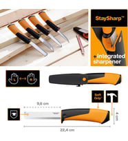 Fiskars Marangoz Bıçağı, Kılıf Dahil, Entegre Bıçak Bileyicili, Toplam Uzunluk: 22,4 Cm, Siyah/Turun