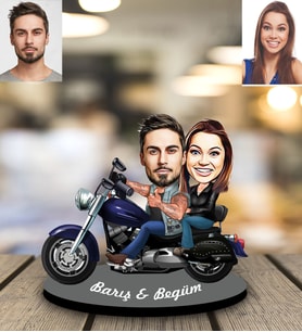 Kişiye Özel Motorcu Sevgili Karikatürlü Ahşap Biblo Model 3-Eco