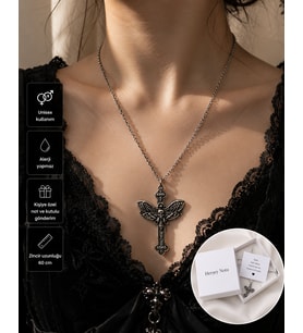 Gotik Kelebek ve Haç Figürlü Unisex Kolye – Alternatif Stil Metal Zincir Kolye