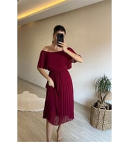 Neşeli butik kadın omzu açık piliseli midi şifon elbise NM006 (Bordo)