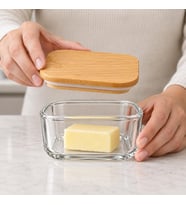 Bambu Kapaklı Borosilikat Cam Kavanoz 10 × 6 cm, Kare Formlu Şeffaf Tereyağlık, Kahvaltılık ve Kuru Gıda Saklama Kabı, Mutfak Düzenleyici, 1 Adet