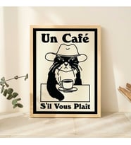 Fransız Kafe Kedi Baskısı, Retro İçecek Posteri, Kovboy Kedi Kahve Posterleri, Un Cafe Sil Vous Plait