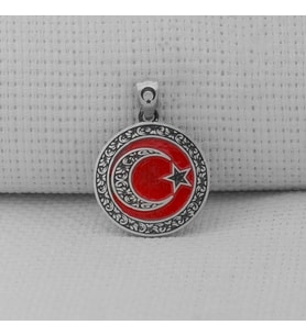 Gravur İşlemeliOrta Boy Ay Yıldız 925 Ayar Gümüş Erkek Kolye Ucu