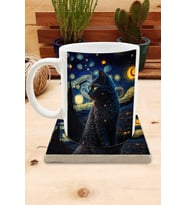 Kediler ve Sanat/Van Gogh Yıldızlı Gece The Starry Night Set 8 - Standart Kupa-Taş Bardak Altlığı 8