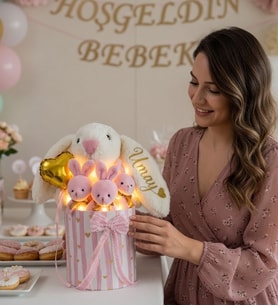Kişiye Özel İsimli Tavşanlı Led Işıklı Tavşan 3'lü Ayıcık Buketi – Baby Shower Bebek Hediyesi