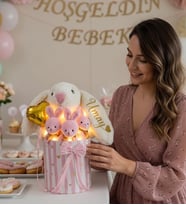 Kişiye Özel İsimli Tavşanlı Led Işıklı Tavşan 3'lü Ayıcık Buketi – Baby Shower Bebek Hediyesi
