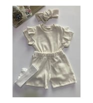 Krem Rengi Şort & Tişört,ve Çorap Fitilli Kumaş Kız Çocuk Ve Bebek 3'lü Giyim Seti