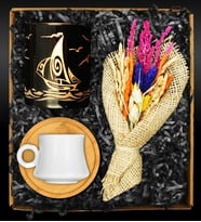 Bambu Tabaklı Porselen Fincan & Bahar Coşkusu Çiçek & Cam Mumluk Hediye Seti