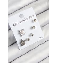 316L Çelik Zirkon Taşlı Deniz Yıldızı Model Gümüş Renk Kadın Set Küpe 588 - SSSSSS7403-6