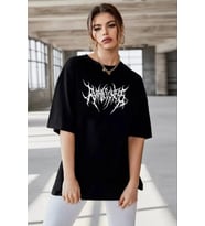 Unisex Bisiklet Yaka Baskılı Oversize T-Shirt - Siyah