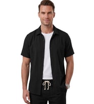 DeepSEA Siyah Slim Fit Çizgi Dokulu Keten Görünümlü Kısa Kol Erkek Spor Gömlek 2602648
