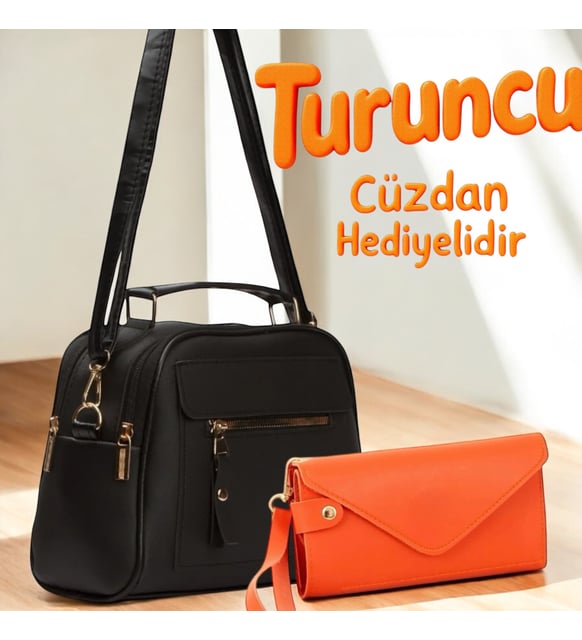 Givenza Turuncu Cüzdan Hediyeli Çanta (Siyah)
