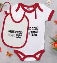 BK Kids Gelüse Gelü Tasarımlı Kırmızı Bebek Body Zıbın ve Mama Önlüğü Hediye Seti-1