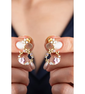 925 Ayar Gümüş Gold Pembe Çiçekli Küpe