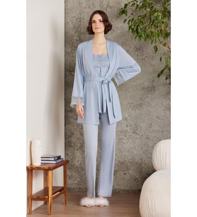 Dantelli Penye 3'lü Kadın Lohusa Pijama Takımı - 2805