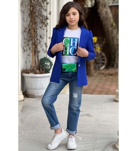 Kız Çocuk Üzeri Harf Pulpayet Tişört ve Jean Saks Mavisi Blazer Ceket Alt Üst Ta