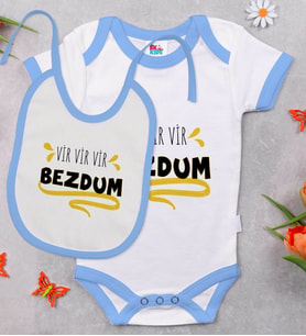 BK Kids Bezdum Tasarımlı Mavi Bebek Body Zıbın ve Mama Önlüğü Hediye Seti-5