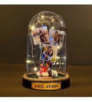 Kişiye Özel İsimli ve 3 Fotoğraflı Fanus, Kalp Tutan Aşıklar Temalı ve Işıklı 