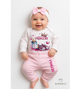 BABYDEN'S Little Princess 3’lü Kız Bebek Takımı Uzun Kollu Pamuklu Body,Pembe Pantolon ve Fiyonk Bandana Seti (Pembe-Beyaz)
