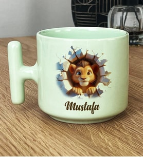 Kişiye Özel 3D Efektli Aslan Baskılı Hediye Pastel T Kupa İsimli İsim Yazılı (Yeşil)
