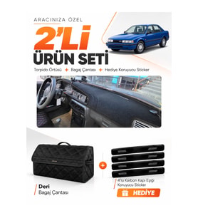 MAZDA 626 GD (1987-1991) Uyumlu Torpido Örtüsü + Deri Bagaj Çantası + Sticker Seti - Siyah