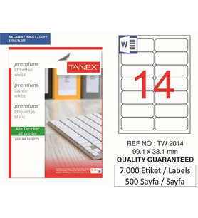 Tanex Lazer Etiket tw-2014 500 A4 Sayfa Laser Etiket 99,1 x 38,1 mm Boyutunda 1 A4 Sayfada 14 Etiket