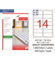 Tanex Lazer Etiket tw-2014 500 A4 Sayfa Laser Etiket 99,1 x 38,1 mm Boyutunda 1 A4 Sayfada 14 Etiket
