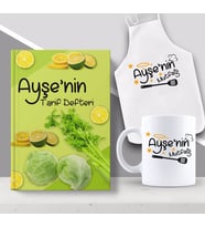 BK Gift Kişiye Özel İsimli Mutfak Önlüğü Kupa ve Yemek Tarif Defteri Hediye Seti-5 (Model 1)