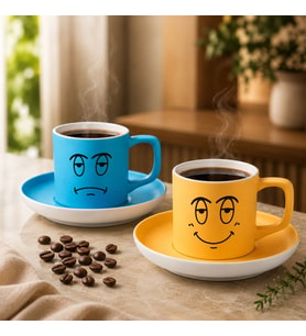 BK Gift 2'li Turkuaz ve Sarı Renkli Emoji Yüz Tasarımlı Seramik Türk Kahvesi Fincanı Takımı-3