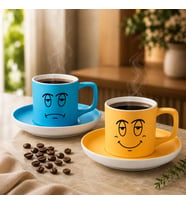 BK Gift 2'li Turkuaz ve Sarı Renkli Emoji Yüz Tasarımlı Seramik Türk Kahvesi Fincanı Takımı-3