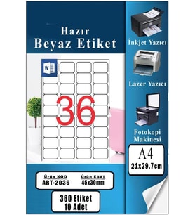 Hazır Etiket 45x30 mm 10 Sayfa 1 Paket 36 lı Kendinden Yapışkanlı Fotokopi Lazer İnkjet Kağıdı Yazıcılar İçin Uyumlu