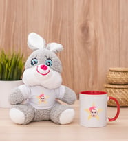 Kişiye Özel Pembe Yıldız Kafa Fotoğraflı Peluş Tavşan ve Kırmızı Kupa