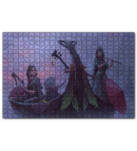 Cakapuzzle Gece Sisler Arasındaki Kayık ve Çalgıcı Kızlar Puzzle Yapboz MDF (Ahşap) (120 Parça)