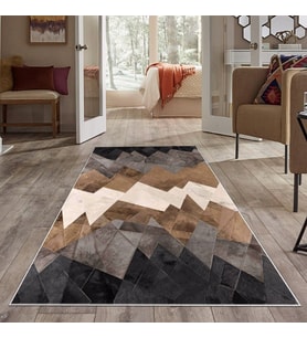 Gri Geometrik Desen Renk Geçişli Yıkanabilir Kaymaz Taban Leke Tutmaz Modern Salon Halısı ve Yolluk (Kahverengi)