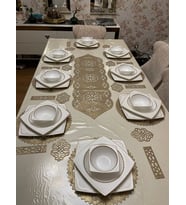 RUNNER/AMERİKAN SERVİS TAKIMI/MASA ÖRTÜSÜ. 25 PARÇA, S.DERİ(VİZON ÜZERİ GOLD ESKİTME)