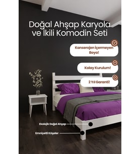 Natura Model Masif Ahşap Karyola ve 2 Adet Komodin Kolay Kurulum Fırınlanmış İthal Sibirya Çamı 200x200 Yatak Uyumlu 2 Adet Komodin