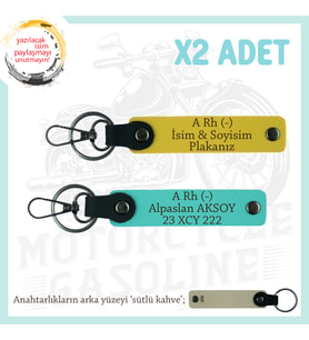 Motor Severlere, İsim Plaka ve A Rh (-) Kan Grubu Yazılı Özel Tasarım x2 Anahtarlık, Sarı-Turkuaz-SK