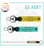 Motor Severlere, İsim Plaka ve A Rh (-) Kan Grubu Yazılı Özel Tasarım x2 Anahtarlık, Sarı-Turkuaz-SK