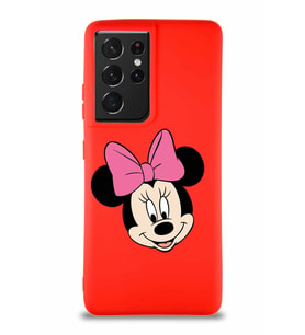 Samsung Galaxy S21 Ultra Soft Premier Kapak Minnie Mouse-C Tasarımlı Silikon Kılıf - Kırmızı (Şeffaf)