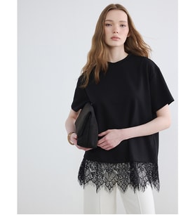 LCW Modest Siyah Dantel Detaylı Soft Touch Kadın Tişört