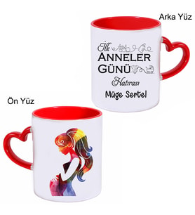 Biresimden İlk Anneler Günü Hatırası Anne Adayına Anneler Günü Hediyesi İsimli Kalpli Kupa Bardak (Kırmızı-Beyaz)
